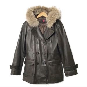 Gallery Genuine Leather Coat with Fur Trim small